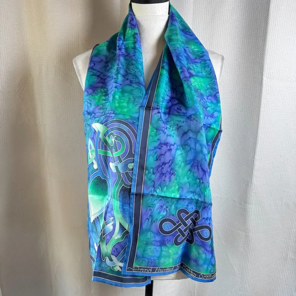 Hand Painted Silk Scarf Kathy Scrivens Blue Green Made In Scotland 11x57